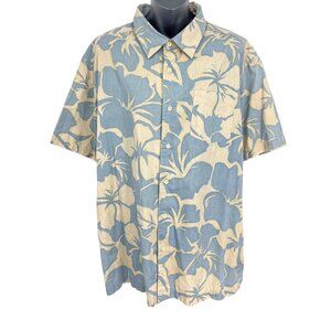 Quiksilver Men Hawaiian Shirt Large L Blue Collar Hibiscus Collar Short Sleeve